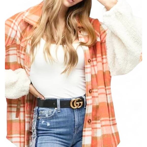 NWT Sherpa Sleeve Flannel Shacket Jacket Size S Orange White Plaid Western Boho - Picture 3 of 12